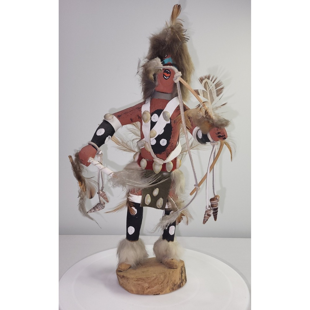 Kachina Doll Native American Hunter Wood Fur Feathers Shells 14.5in Vintage